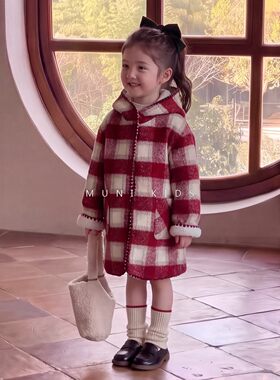 女童红色格子大衣加绒款2026新款