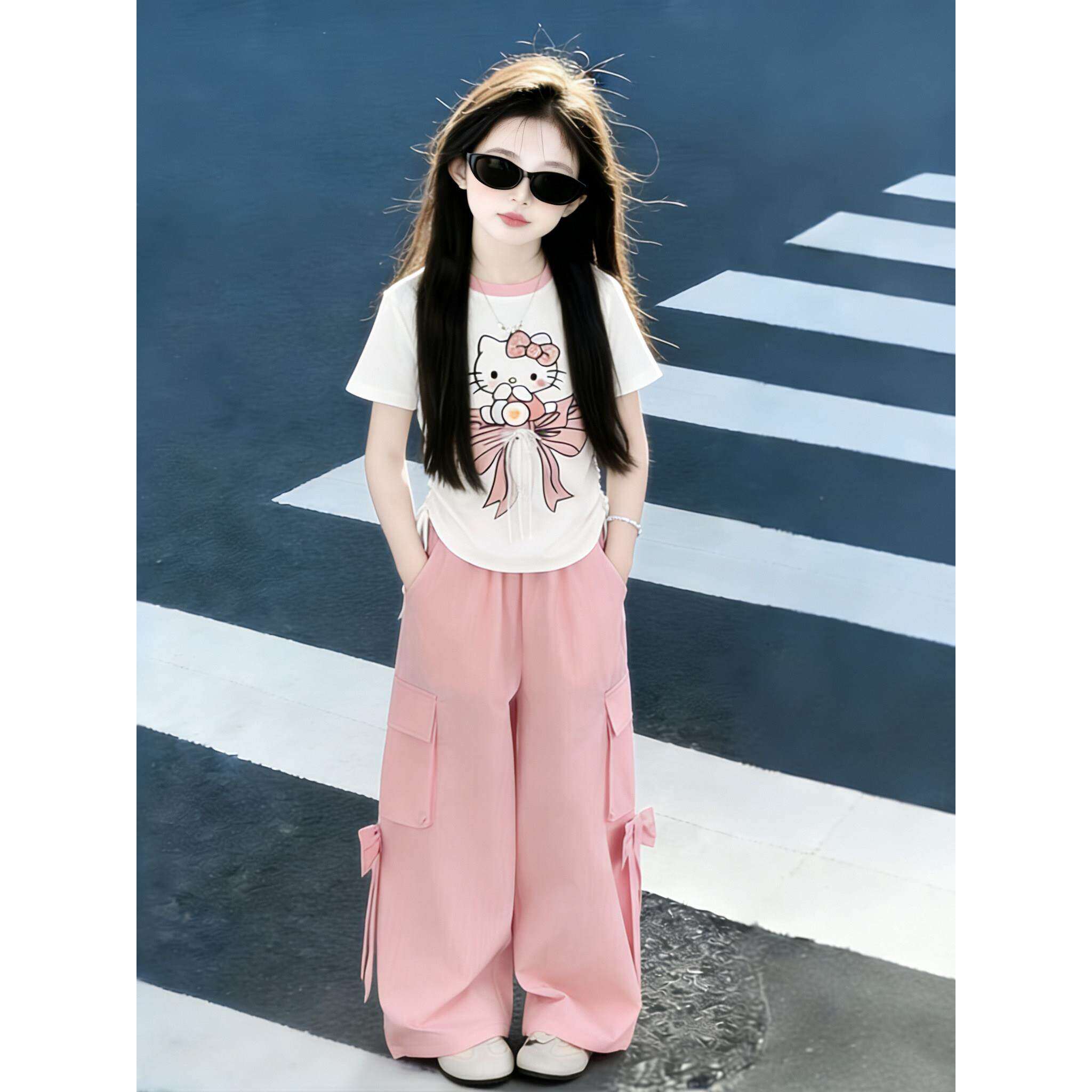 女童夏装套装2026新款洋气儿童休闲韩版短袖夏季时髦工装裤两件套