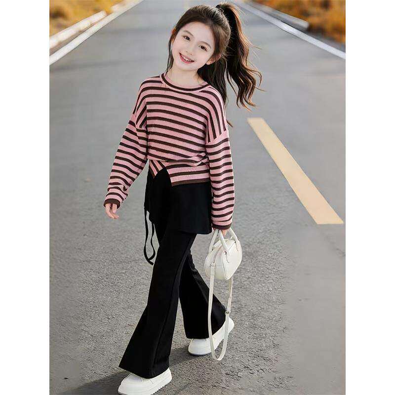 女童卫衣套装春夏2026新款儿童韩版条纹上衣春装女孩喇叭裤两件套