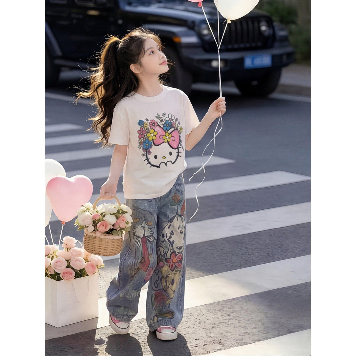 女童春夏套装2026夏季新款儿童卡通凯蒂猫T恤涂鸦牛仔阔腿裤潮