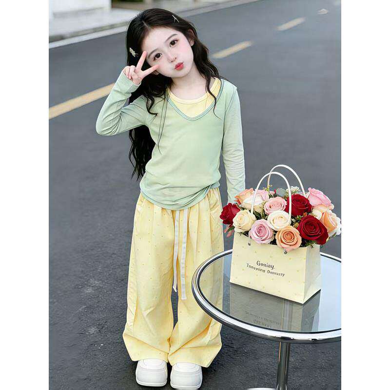 女童长袖T恤套装春夏2026新款儿童薄款上衣韩版女孩直筒裤三件套