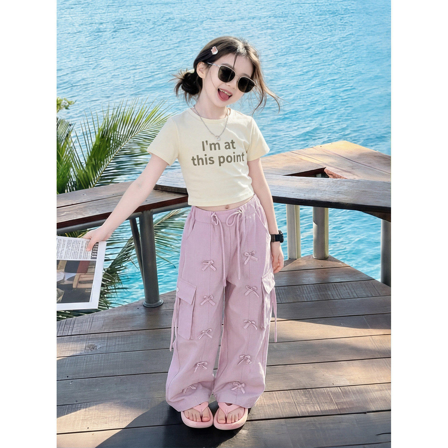 女童夏季韩版2026新款蝴蝶结工装工装裤两件套休闲短袖中大童套装
