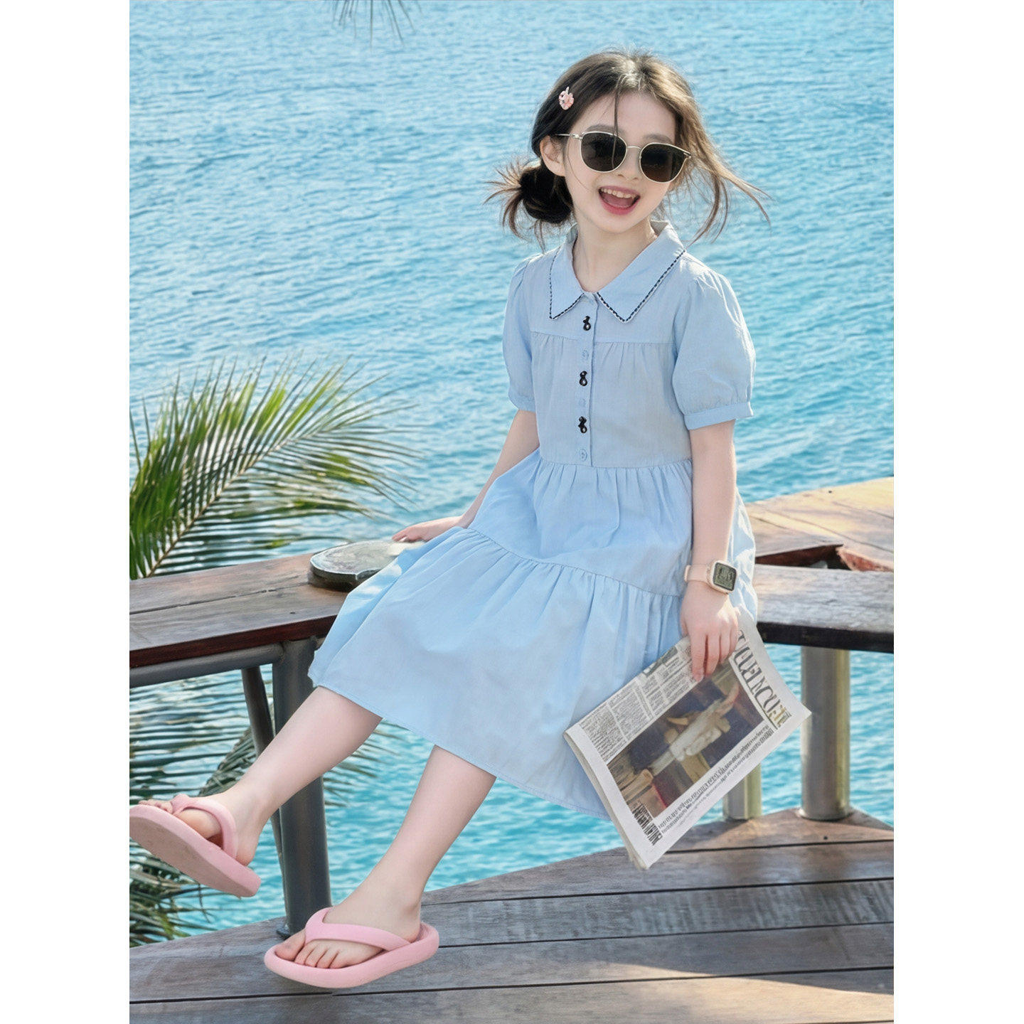 女童2026新款连衣裙洋气儿童中大童学院风衬衫夏装泡泡收腰裙子薄