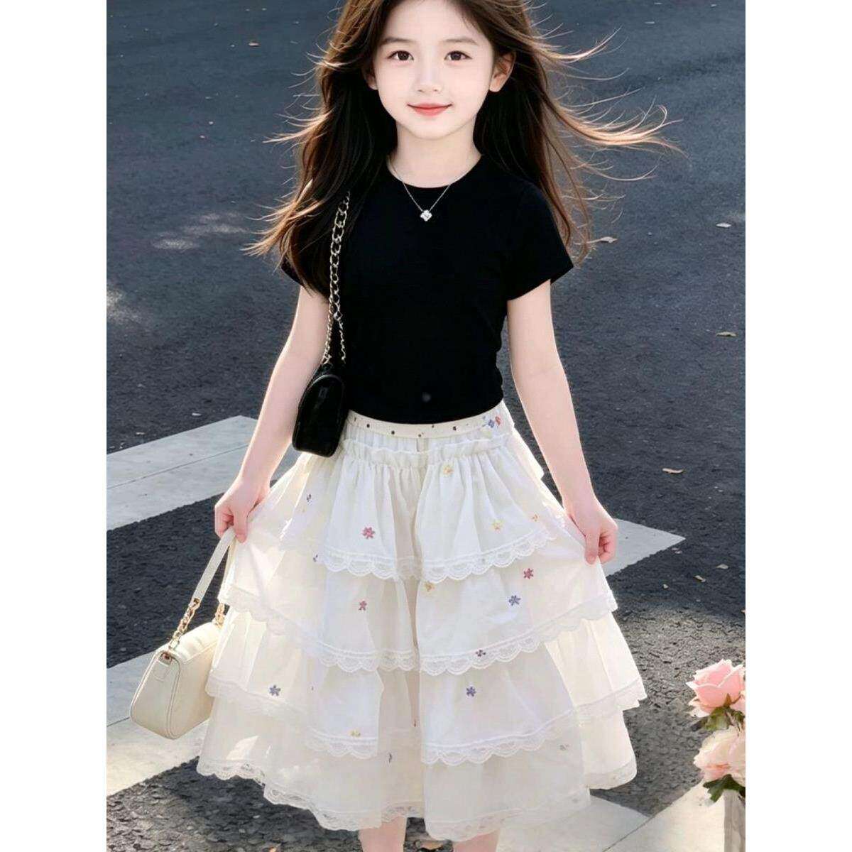 女童夏季休闲套装2026新款儿童韩版洋气甜美短袖上衣蛋糕裙两件套