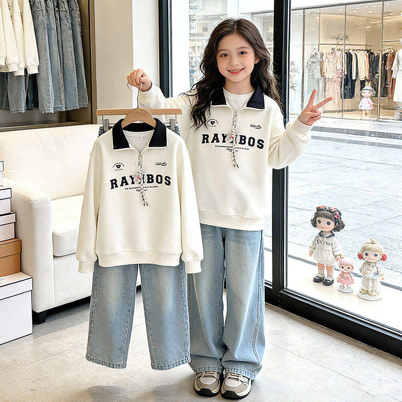 女童卫衣套装春秋2026新款儿童春装大童休闲上衣女孩牛仔裤两件套