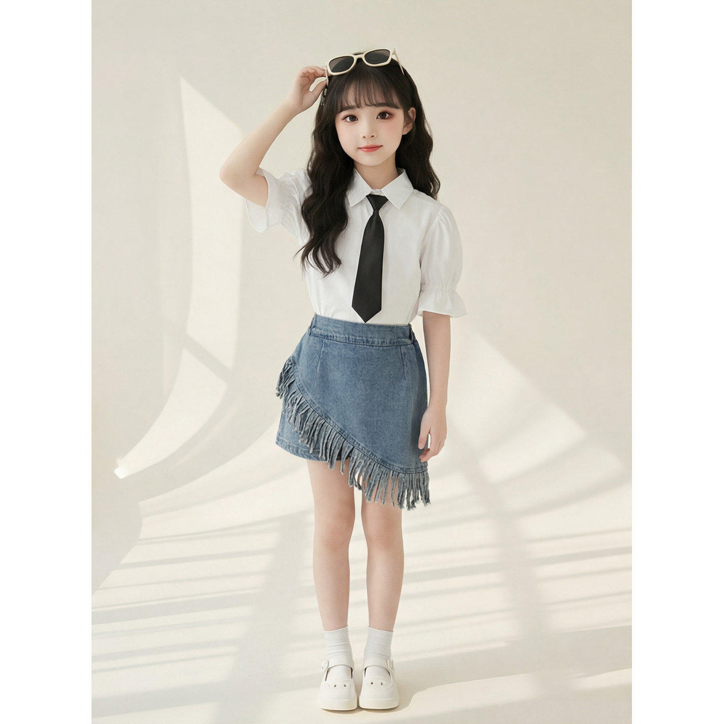 女童短袖衬衫套装夏季新款儿童牛仔裙裤中大童洋气女孩两件套童装
