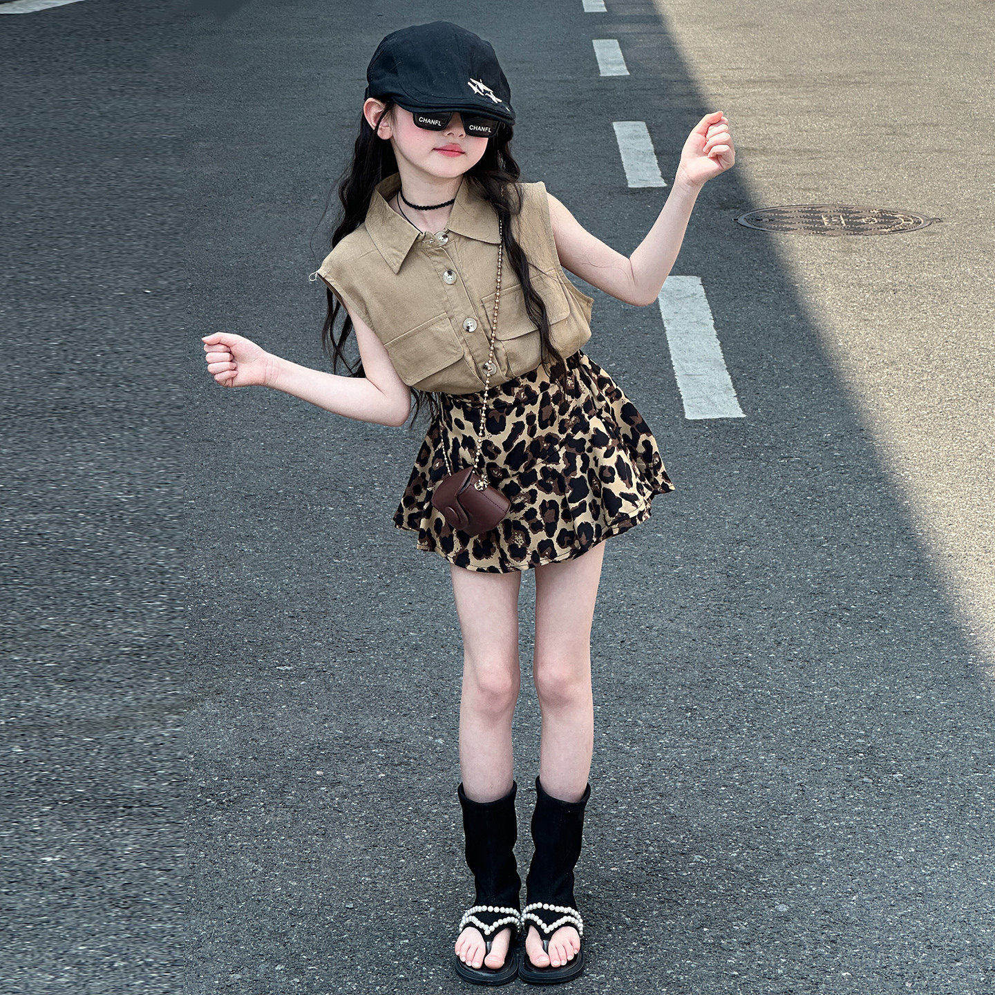 女童夏装套装2026新款中大童洋气时髦无袖衬衫儿童装夏季豹纹裙子