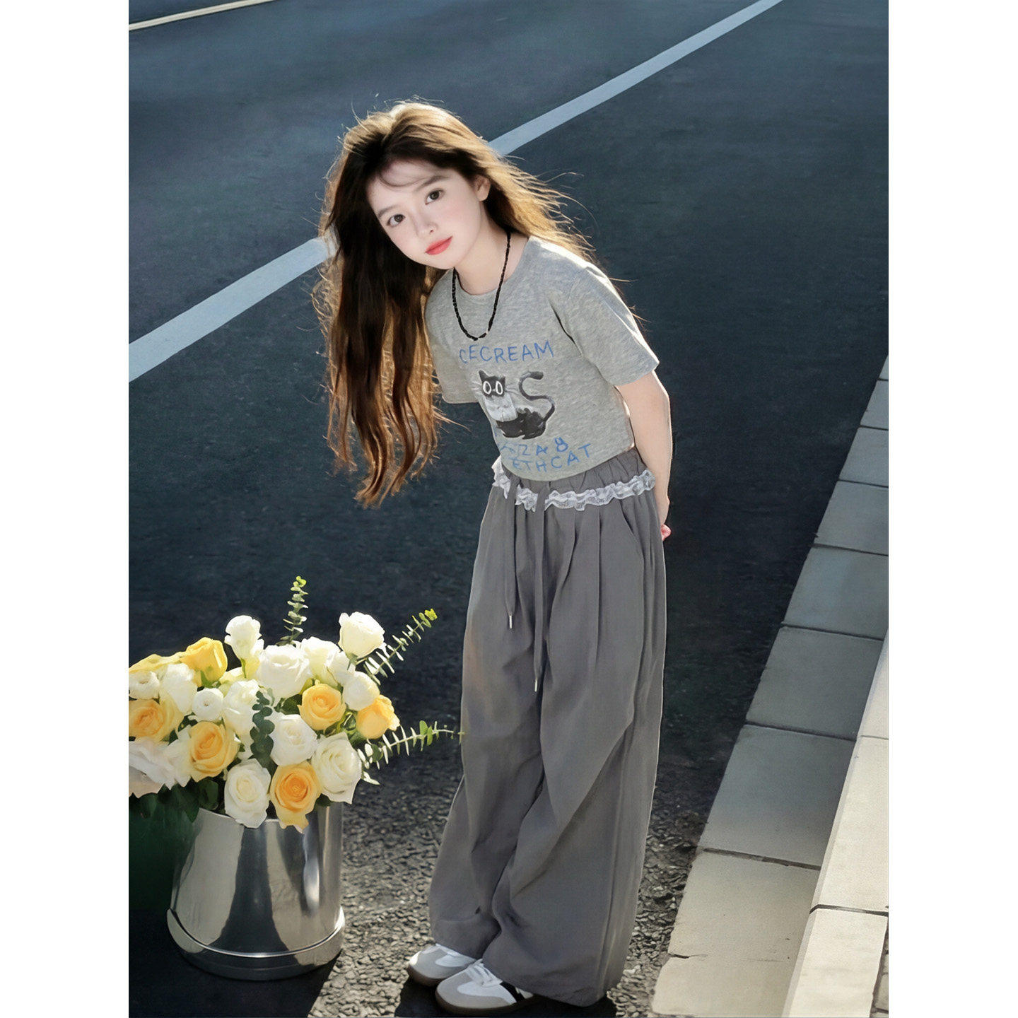 女童夏款2026新款猫咪短袖阔腿裤两件套夏装女孩洋气时髦休闲套装