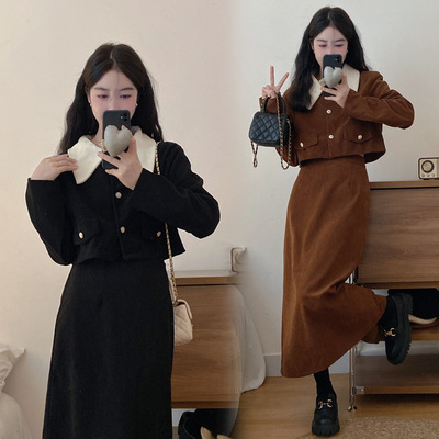 韩国灯芯绒两件套秋冬新款大码胖mm小香风外套半身长裙套装女