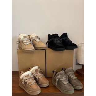 梅尔雪地靴情侣款羊皮毛一体系带防滑保暖运动休闲棉鞋羊毛雪地靴