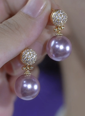 925银针紫色珍珠耳钉女高级感镶钻气质耳饰2025新款爆款百搭耳环