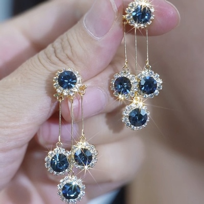 蓝色两戴水晶流苏耳环女