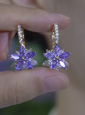 紫色水晶花朵耳扣耳环女小众设计高级感轻奢耳钉气质个性百搭耳饰
