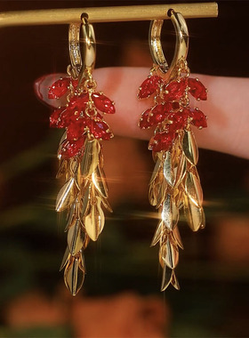 轻奢红色锆石水晶麦穗耳环小众设计感长款流苏耳坠气质显脸瘦耳饰