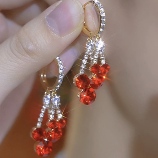 秋冬新款镶钻红色锆石耳环女气质百搭耳扣轻奢高级感长款流苏耳饰