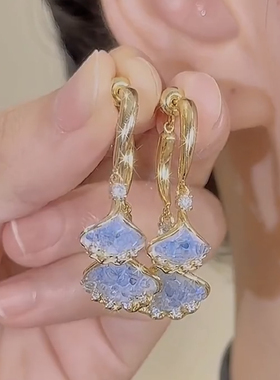 蓝色银杏叶耳环高级感微镶锆石耳坠时尚耳钉ins潮冷淡风耳扣耳饰