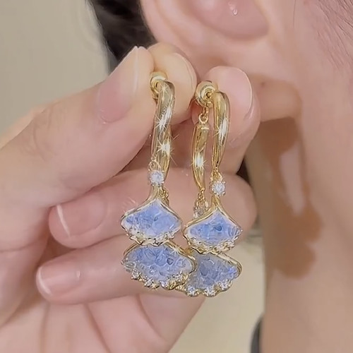 蓝色银杏叶耳环高级感