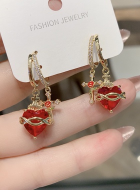 红色爱心耳环女气质百搭耳钉轻奢小众设计高级感耳饰气质耳坠耳扣