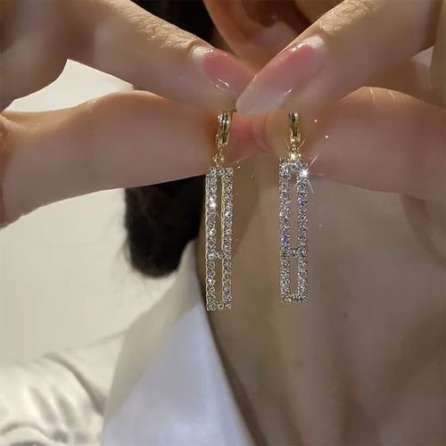 高级感几何长方形满钻耳环轻奢