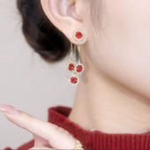 红色水晶耳环一款 两戴耳钉女小众设计高级感轻奢气质长款 流苏耳饰