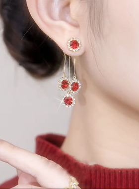 红色水晶耳环一款两戴耳钉女小众设计高级感轻奢气质长款流苏耳饰