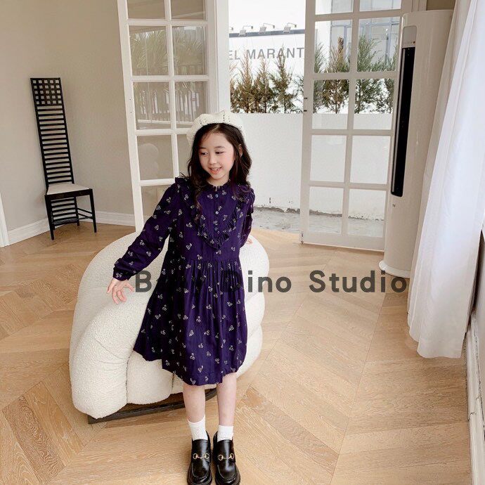 现货女童满印花边领长袖小樱桃