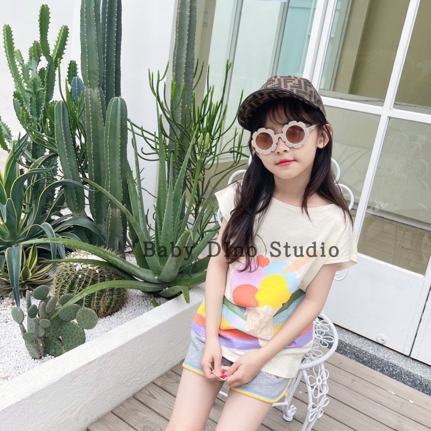 现货Baby Dino定制款男女童冰激凌花朵卡通印花图案短袖圆领T恤