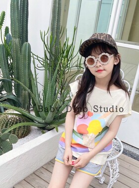 现货Baby Dino定制款男女童冰激凌花朵卡通印花图案短袖圆领T恤