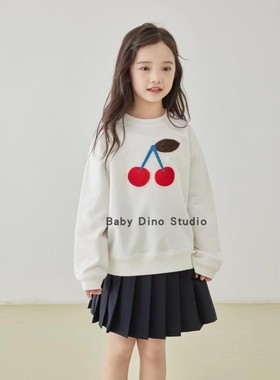 部分现货Baby Dino定制款女童白色大樱桃毛巾绣毛圈圆领套头卫衣
