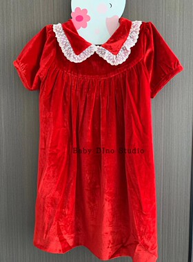 现货Baby Dino定制款女童丝绒蕾丝拼接娃娃领短袖圣诞新年连衣裙