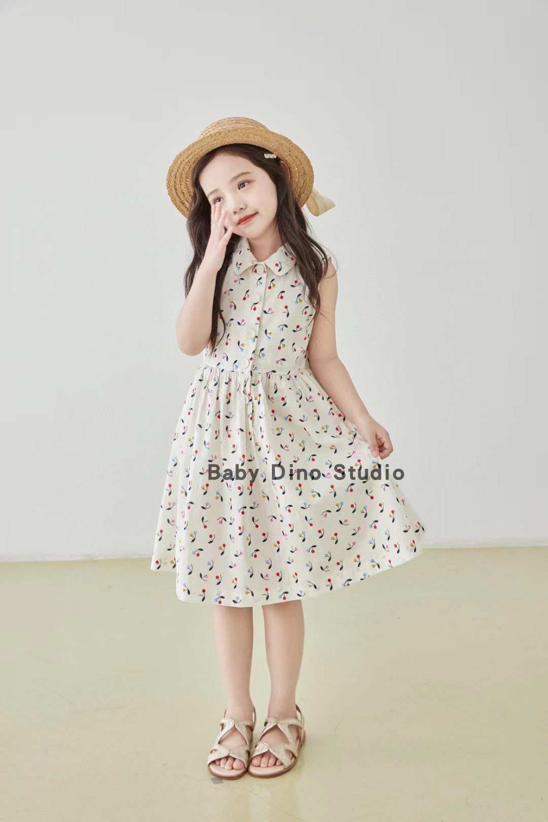 现货Baby Dino定制款女童彩色樱桃印花翻领无袖背心甜美连衣裙