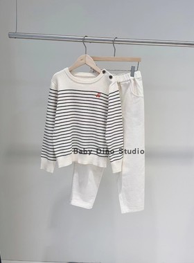 现货Baby Dino定制款女童黑白条纹红色小樱桃刺绣圆领套头毛衣