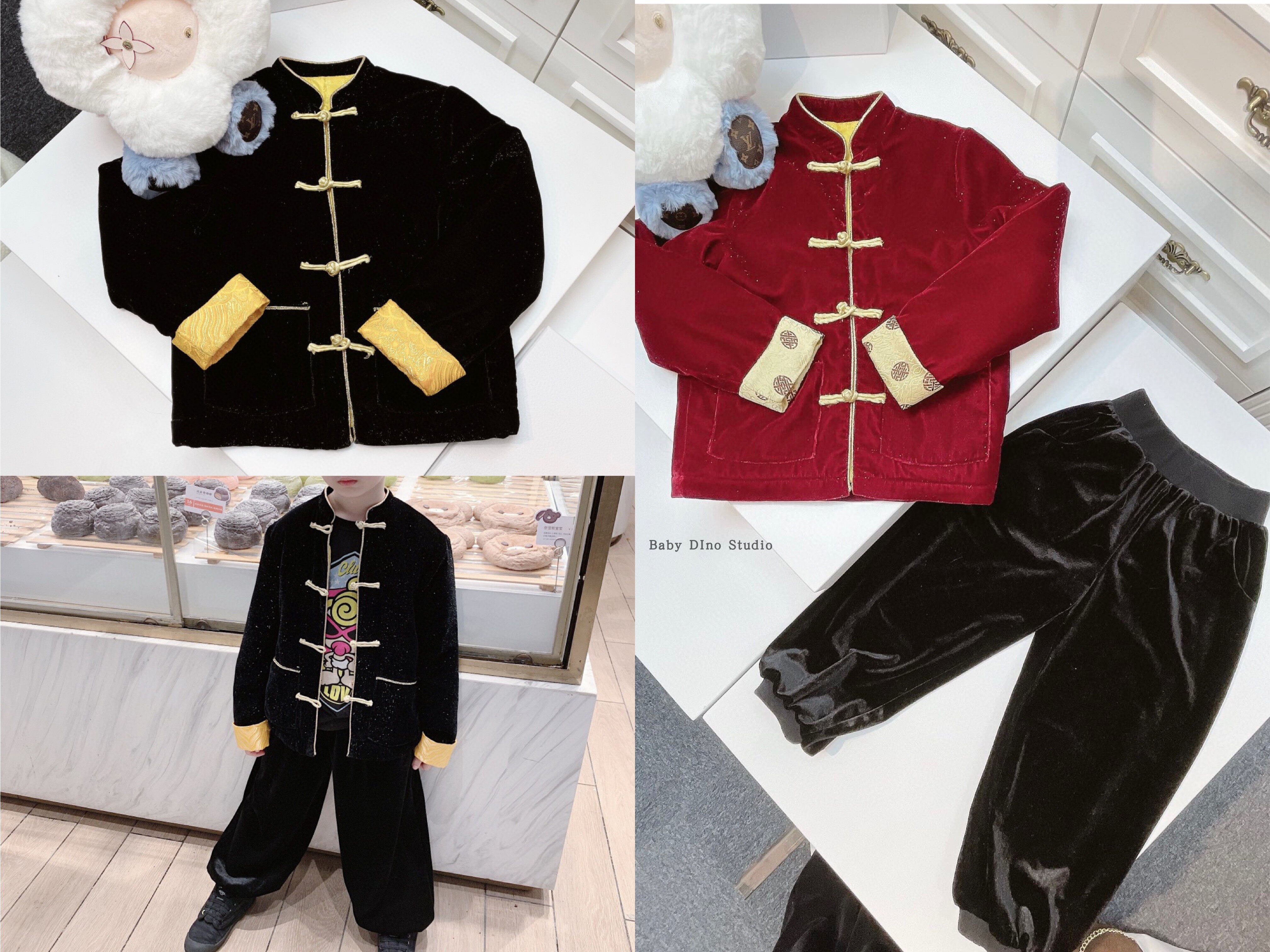 现货Baby Dino定制男女童两色新年服金银丝丝绒唐装上衣纯色裤子