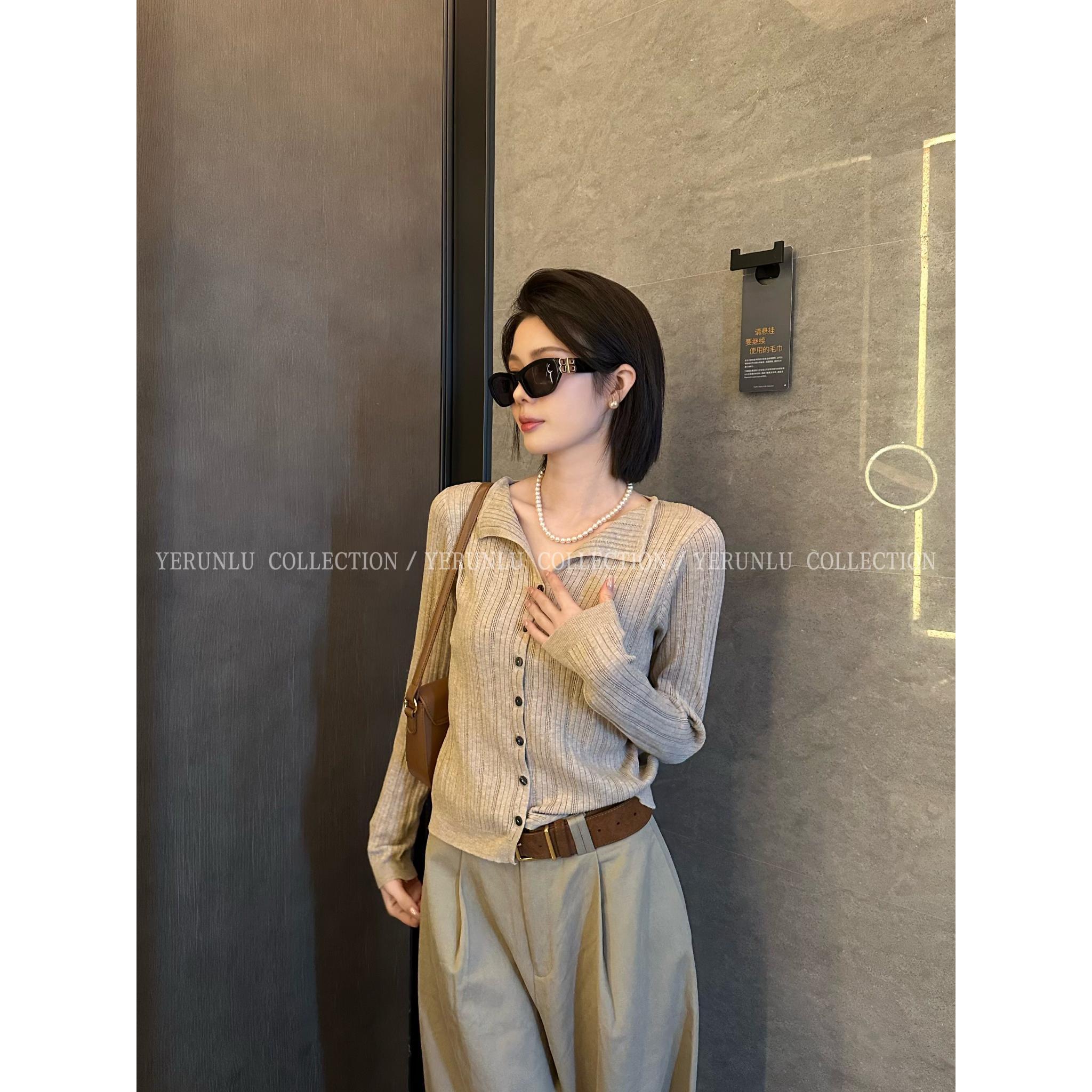 YERUNLU韩系V领长袖针织衫女修身薄款打底衫polo领上衣