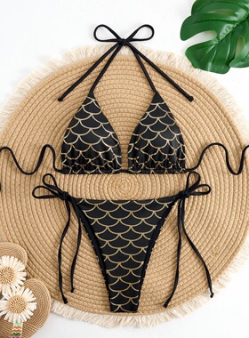 女士三角杯游泳衣三件套挂脖系带聚拢bikini亮光鱼鳞纹比基尼38