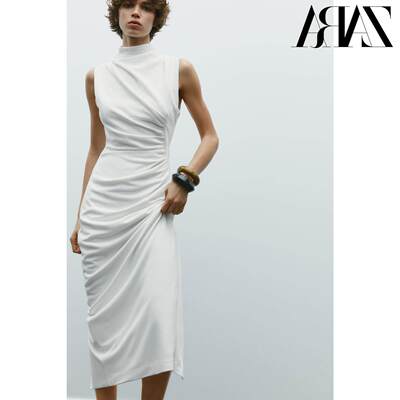 国内2025春季 TRF 女装 针织褶皱装饰立领无袖连衣裙 4772345