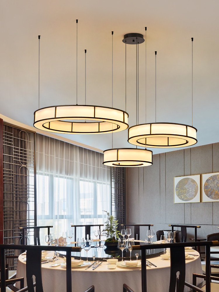 餐厅吊灯新中式饭店包厢餐桌灯圆形复古布艺灯酒店宴会厅餐饮灯具