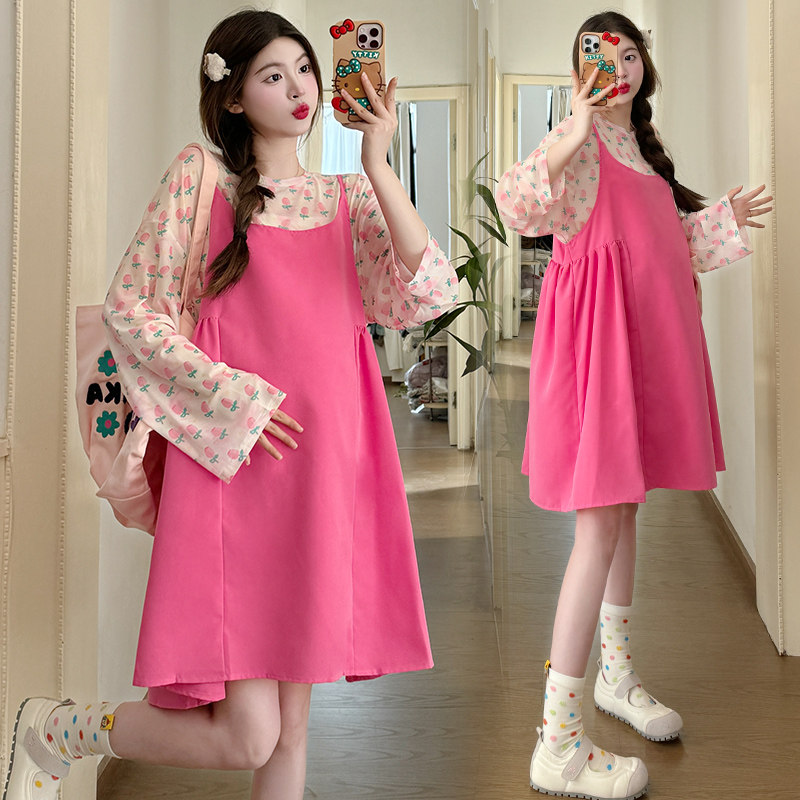 PREGNANT SPRING DRESS DOPAMINE SUNDRESS 2024 SUMMER NEW SUIT TOP SPRING AUTUMN STRANDS SKIRT