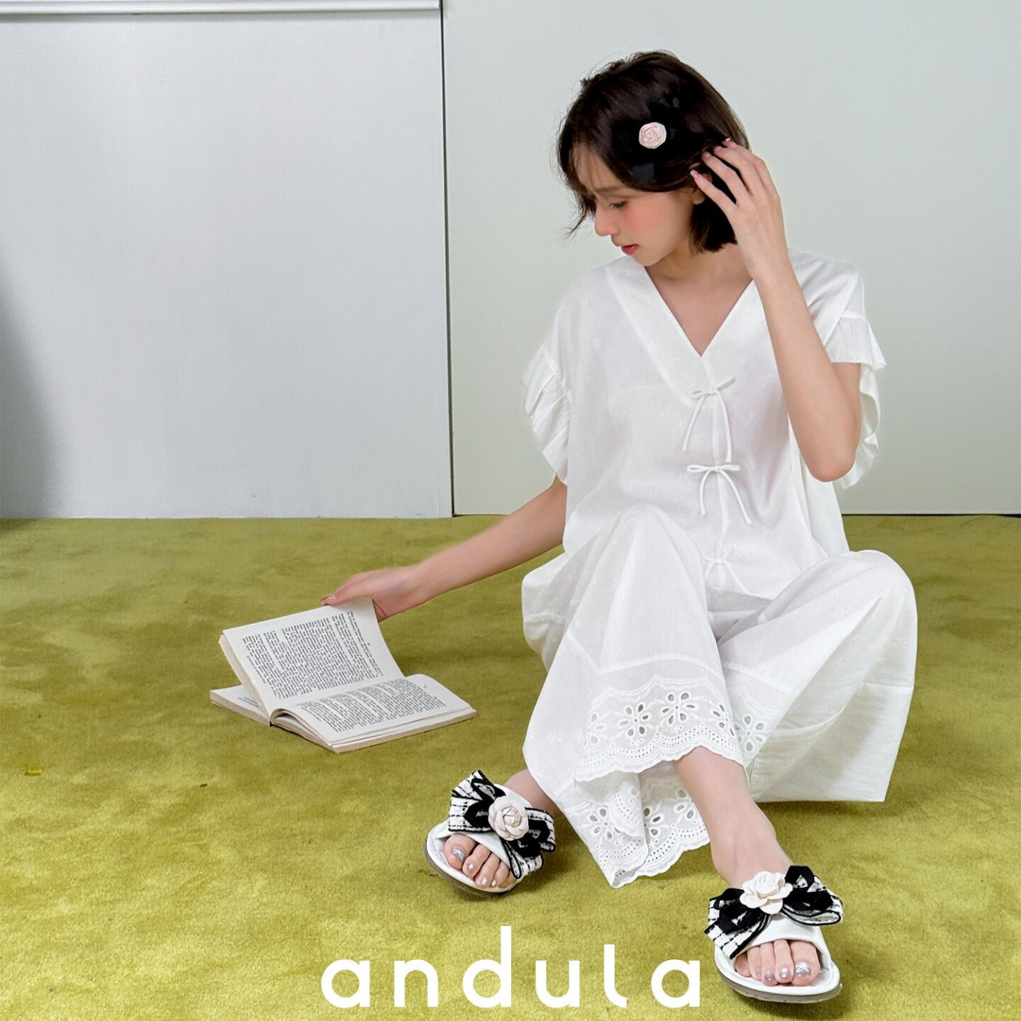 安杜拉女士睡衣2026夏季梭织薄棉短袖阔腿裤松弛感甜美家居服套装