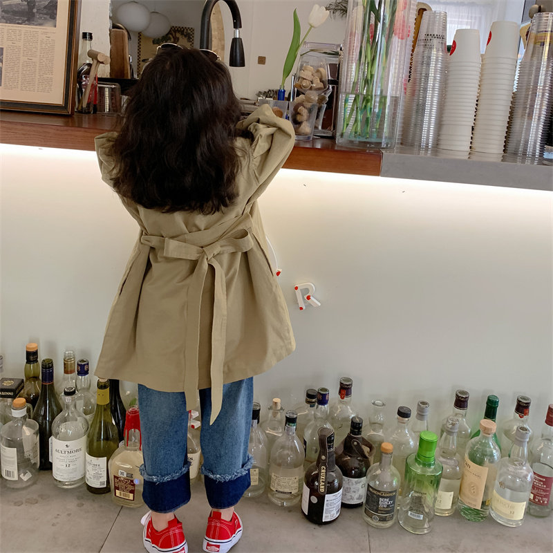 여자 캐주얼 윈드 브레이커 2022 가을 새로운 한국 스타일 어린이 소녀 중간 길이 유행 옷깃 자켓 트렌디 코트