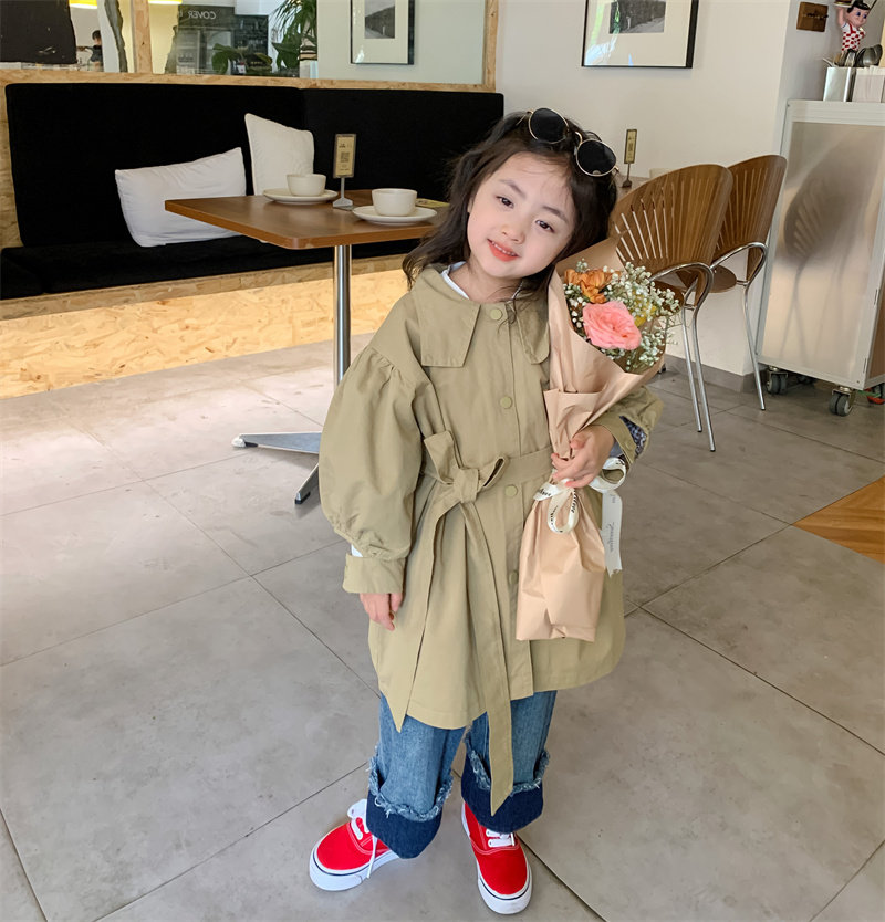 여자 캐주얼 윈드 브레이커 2022 가을 새로운 한국 스타일 어린이 소녀 중간 길이 유행 옷깃 자켓 트렌디 코트