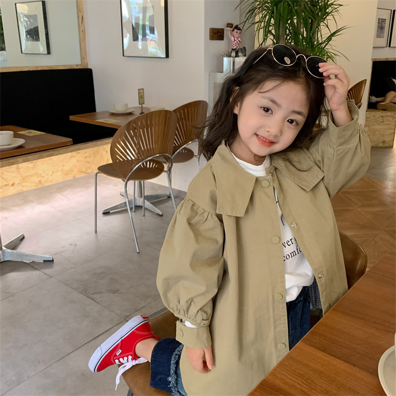 여자 캐주얼 윈드 브레이커 2022 가을 새로운 한국 스타일 어린이 소녀 중간 길이 유행 옷깃 자켓 트렌디 코트