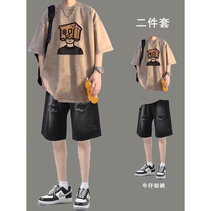 夏季搭t短袖帅气穿男装休闲水洗时尚套装