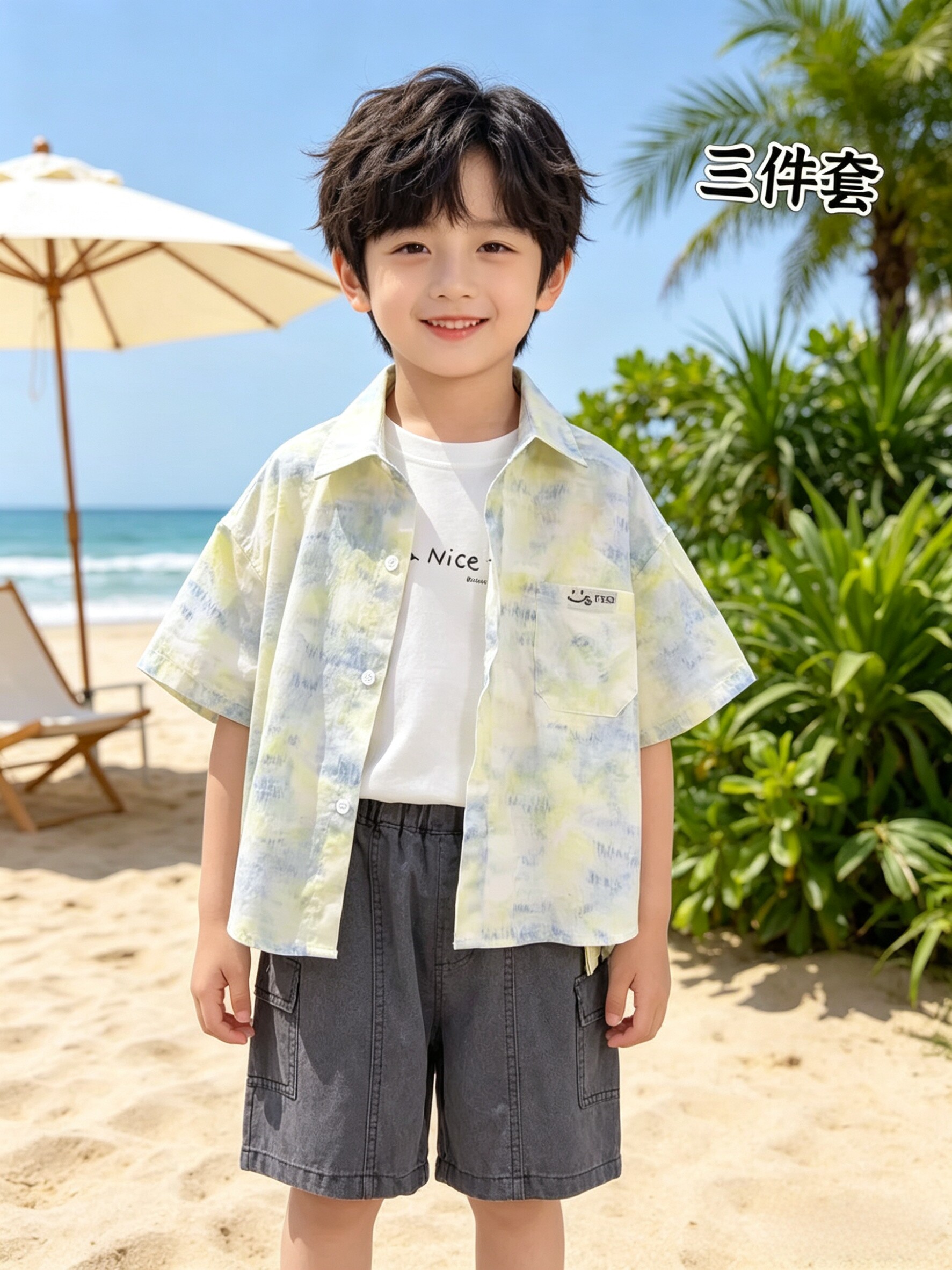 2026新款男童度假风夏季儿童宝宝洋气衬衫背心裤子三件套装3-10岁