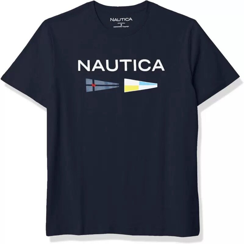 NAUTICA/诺帝卡外贸原单宽松大码印花logo欧美男士圆领纯棉T恤