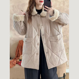 冬季加厚亚麻棉服娃娃领长袖菱格纹大口袋宽松休闲保暖中长款外套