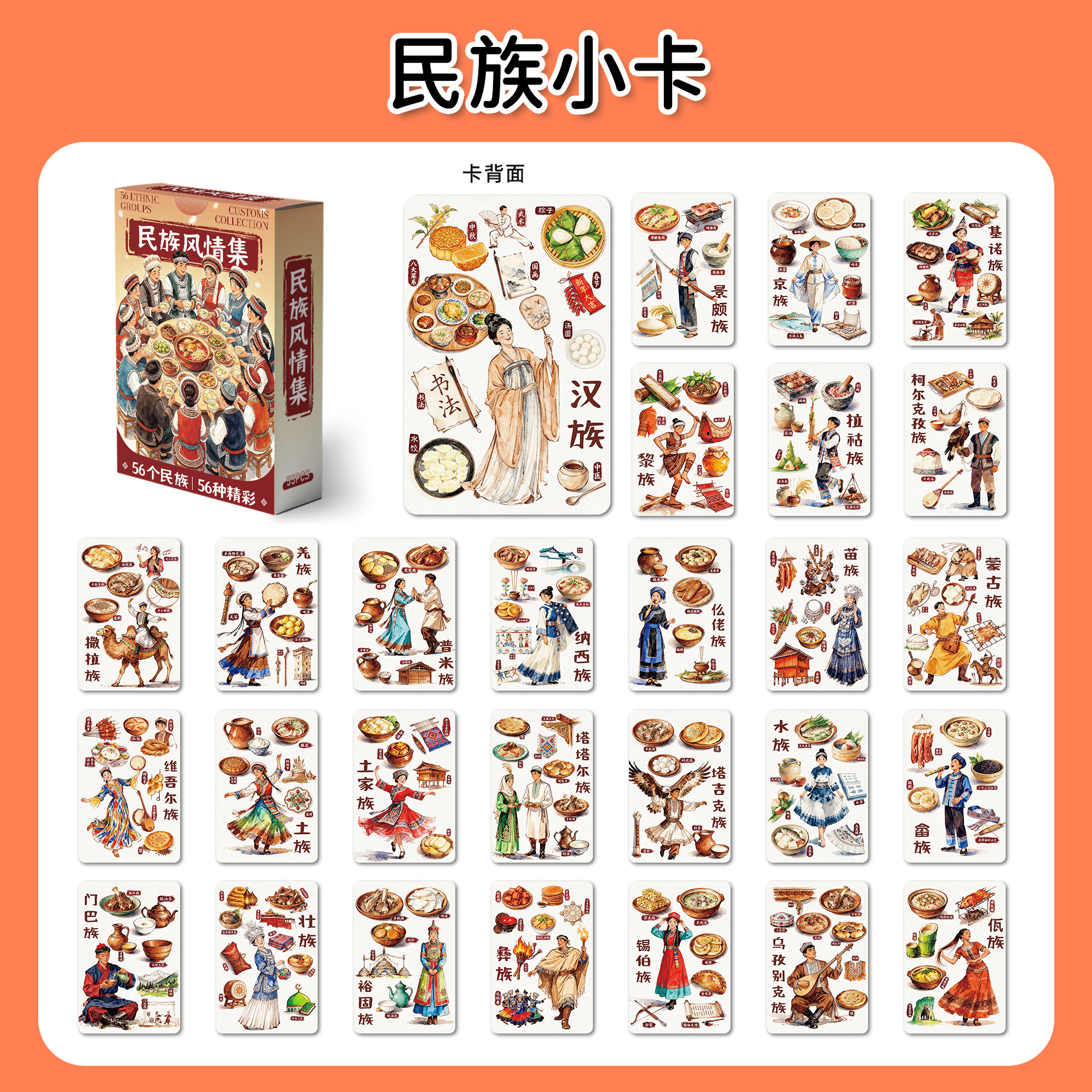 55张少数民族小卡傣族满族朝鲜族风土人情水彩传统服饰明信片卡片