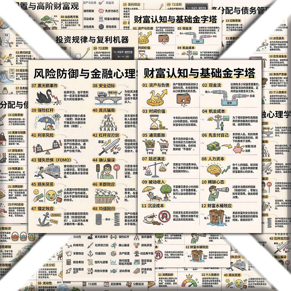 24张财商思维贴纸财富认知与基础金字塔预算分配与债务管理指南