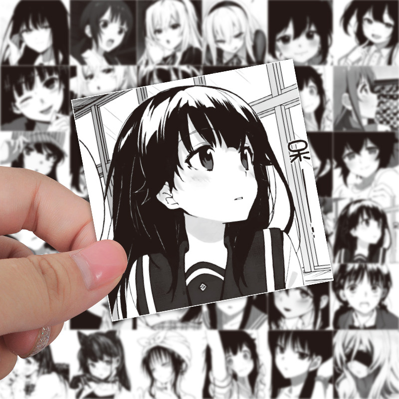 60张黑白女生头像贴纸微丧手帐创意装饰贴画手机壳电脑防水不重复