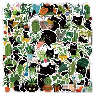 120张卡通动物猫咪贴纸植被小黑猫涂鸦可爱煤球猫手机壳装饰贴画